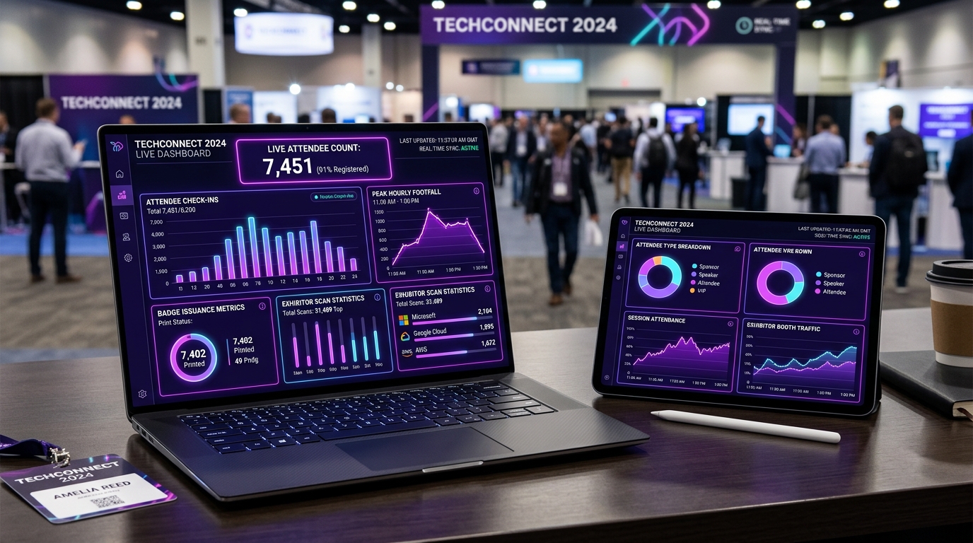 Real-time event analytics dashboard screen and attendee telemetry