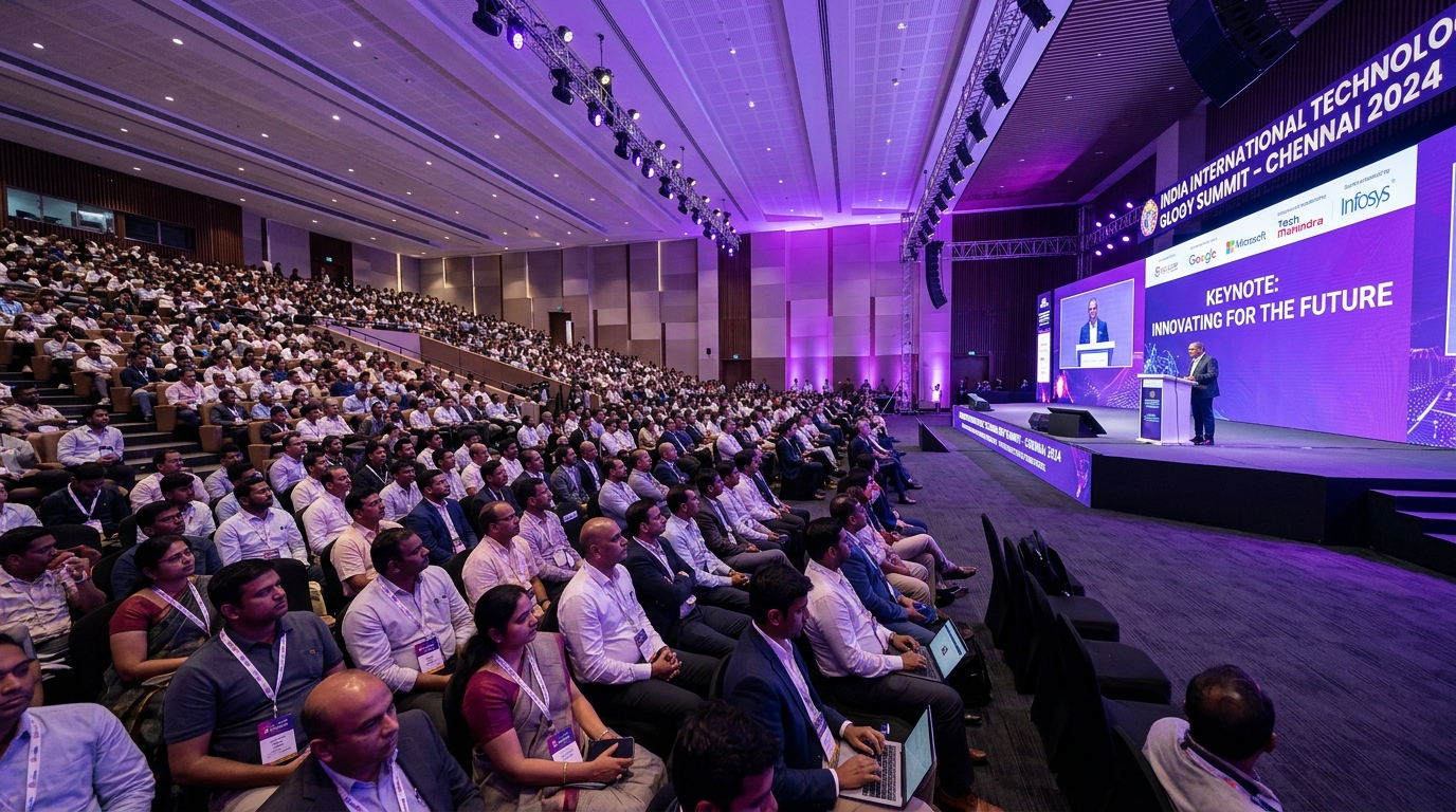 International technology conference and summit in convention hall with delegates