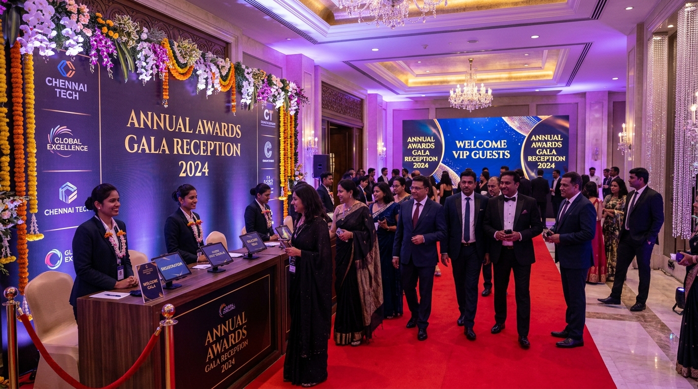 Award gala reception entrance and VIP guest check-in counter